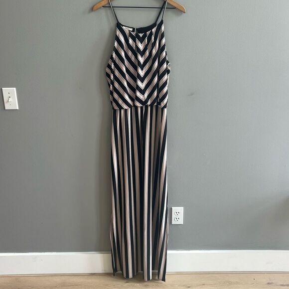 Maurices Stripe Print Maxi Dress Pink Black White Chevron Spaghetti Strap Medium - Picture 2 of 13